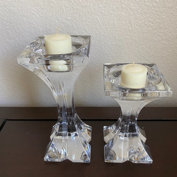 2 Pillar Clear Glass 24% Crystal Lead Candle Holders Slovenia 9" & 6" Tall - Picture 12 of 16